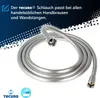 A silver shower hose is coiled in the center of the image, with text and logos in the upper left and lower left corners. Produktbild-Vorschau