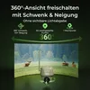A marketing image showing a trail camera with a curved panoramic view of a forest scene with deer. Produktbild-Vorschau