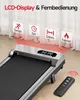 A close-up view of a compact treadmill with a digital display and a remote control, with icons indicating features like tempo, time, distance, and calories. Produktbild-Vorschau