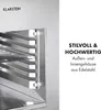 Close-up of a stainless steel grill with text describing its features. Produktbild-Vorschau