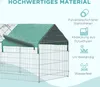 A green tarp covers the roof of a silver metal pet enclosure, with feature callouts on the right. Náhľad obrázku produktu