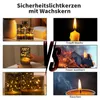 A collage comparing LED candles with real candles, showing safety and fire hazards. Produktbild-Vorschau