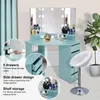 A teal corner makeup vanity with a lighted mirror and a white stool. Podgląd zdjęcia produktu
