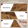 A marketing image showcasing the features of a wood-based material, likely for furniture. Produktbild-Vorschau