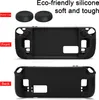A black silicone protective case for a game console, shown from the front and back, with two black rocker caps. Produktbild-Vorschau