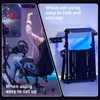 A split image showing a person using a gaming wheel stand on the left and the stand folded for storage on the right. Produktbild-Vorschau