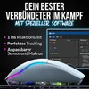 A gaming mouse with RGB lighting is shown next to a software interface, with text highlighting its features. Produktbild-Vorschau