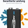 A black 9V battery is shown with graphics of a snowflake and a sun on either side, indicating performance in extreme temperatures. Text above the battery states 'Guaranteed Performance' and 'Also at extreme temperatures'. Produktbild-Vorschau