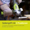 A person wearing gloves is using a green and gray angle grinder to cut a metal rod. Sparks are flying from the cutting action. Text overlays describe the product's features. Produktbild-Vorschau