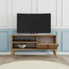 A TV stand with a TV on top, in a room with blue and white paneled walls. Produktbild-Vorschau