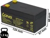 A black rechargeable battery with yellow and red terminals, shown with dimensions and weight indicated by overlaid text and graphics. Voir les images du produit