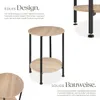A product image showcasing a two-tiered side table with a wood-look top and black metal legs, accompanied by descriptive text highlighting its design and construction. Náhled obrázku produktu