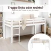 A white loft bed with a ladder, set up in a bedroom with decorative pillows and blankets. Produktbild-Vorschau