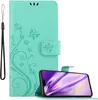 A turquoise flip phone case with a floral and butterfly design is shown open, with a smartphone inside, set against a white background. Náhled obrázku produktu