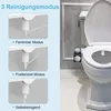 A split image showing a bidet attachment for a toilet on the left, with diagrams illustrating different cleaning modes, and a close-up of a toilet with the bidet attachment installed on the right. Produktbild-Vorschau