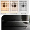 Collage showing a modern black LED ceiling light in three different color temperatures (warm white, neutral white, cool white) and a bedroom scene with the light dimmed. Podgląd zdjęcia produktu