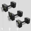 Three images of an adjustable dumbbell showing different stages of adjustment. Produktbild-Vorschau