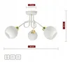 A white ceiling lamp with three glass globes and gold accents, shown against a white background with measurement indicators. Produktbild-Vorschau