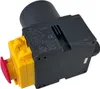 A close-up, angled view of a black and yellow electrical switch with a red emergency stop button. Produktbild-Vorschau