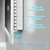 A close-up view of a bathroom mirror's edge, highlighting its features with text labels and a measurement indicator. Náhled obrázku produktu