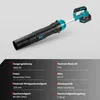 A cordless leaf blower with a battery pack attached, shown against a plain light gray background. Below the product image is a dark gray panel with technical specifications listed in white text. Produktbild-Vorschau