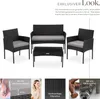A set of rattan garden furniture including a bench and two chairs, with descriptive text and close-up images of features. Náhled obrázku produktu
