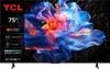 A TCL 75-inch television displaying a vibrant, abstract floral image, with various feature callouts on the left side. Podgląd zdjęcia produktu
