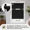 A black roller blind is shown installed in a window frame, with measurement guides and text explaining how to measure for the blind. Produktbild-Vorschau