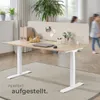 A modern office desk with a standing desk converter and a partition in a bright, airy room. Náhled obrázku produktu