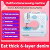 A marketing image for a multifunctional sewing machine, showcasing its features and capabilities. Produktbild-Vorschau