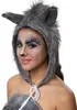 A woman wearing a wolf costume, including a furry hood with ears and wolf-like makeup. Produktbild-Vorschau