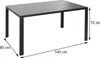 A black metal dining table with dimensions indicated by measurement lines and text. Produktbild-Vorschau