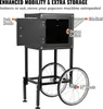 A black popcorn machine cart with its storage cabinet open, showing labels pointing out its features. Náhľad obrázku produktu