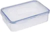 A clear plastic food storage container with a blue lid. Voir les images du produit