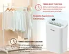 A white dehumidifier is shown next to a clothing rack with white clothes, with text overlays describing its features. Anteprima dell’immagine prodotto