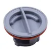 A close-up view of a gray plastic cap with a red rubber ring. Produktbild-Vorschau