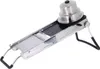 A stainless steel mandoline slicer with a food pusher on a white background. Produktbild-Vorschau