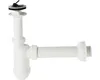 A white plastic sink trap with a stainless steel strainer and plug. Podgląd zdjęcia produktu