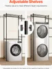A collage showing a black metal shelving unit for organizing laundry appliances, with text overlays. Produktbild-Vorschau