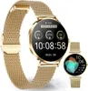 A gold smartwatch with a mesh band is displayed against a white background, with a smaller inset image of the same watch. Produktbild-Vorschau