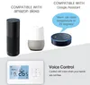 The image shows smart home devices and a thermostat, highlighting voice control compatibility. Podgląd zdjęcia produktu