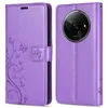 A purple flip phone case with a floral and butterfly design is shown from two angles. Produktbild-Vorschau