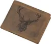 A brown leather wallet with a deer head embossed on it, shown from a slightly elevated angle against a white background. Produktbild-Vorschau