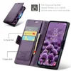 A purple leather wallet-style phone case is shown open, displaying card slots and a phone screen with a floral wallpaper. Produktbild-Vorschau