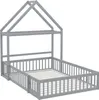 A gray wooden house-shaped bed frame with a slatted base and a safety rail. Náhľad obrázku produktu