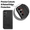 A black flip case for a Samsung Galaxy A56 5G phone is shown, with a close-up detail of the camera cutout and raised edge protection. Produktbild-Vorschau