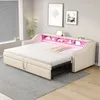 A beige upholstered sofa bed with storage drawers, illuminated by pink LED lights. Produktbild-Vorschau