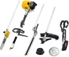 A collection of garden tools and their attachments, including a chainsaw, hedge trimmer, string trimmer, and a harness, arranged on a white background. Produktbild-Vorschau