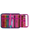 A pencil case filled with colored pencils, pens, a ruler, and a sharpener, laid open on a white background. Podgląd zdjęcia produktu