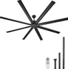 A black ceiling fan with multiple blades is shown against a white background. Several black poles of varying lengths and a white remote control are placed in the bottom right corner. Anteprima dell’immagine prodotto